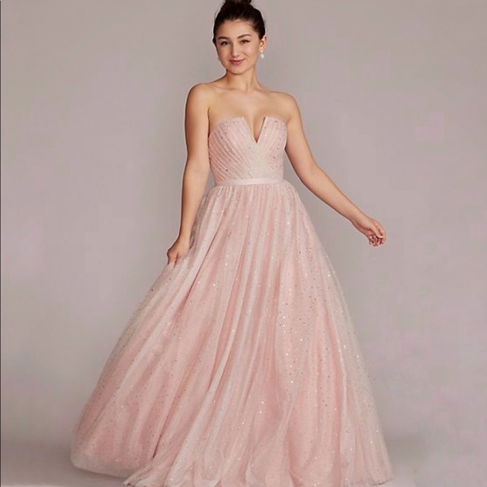 David's Bridal Sparkling Blush Pink Strapless Prom Gown